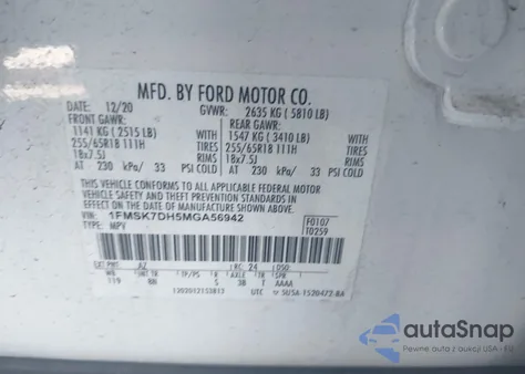 2021 Ford Explorer Xlt z USA, uszkodzony, nr VIN 1FMSK7DH5MGA56942